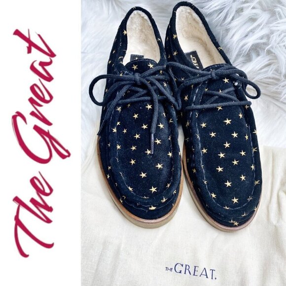 NWB THE GREAT Scout Black & Gold Suede Star Print Lace Up Loafer, Size 7 - Picture 3 of 15